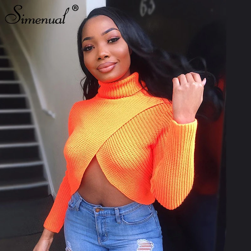 

Simenual Neon Fashion Cropped Sweater Women Knitwear Long Sleeve Jumpers Turtleneck Criss Cross Autumn Pink Pullover 2019 Winter