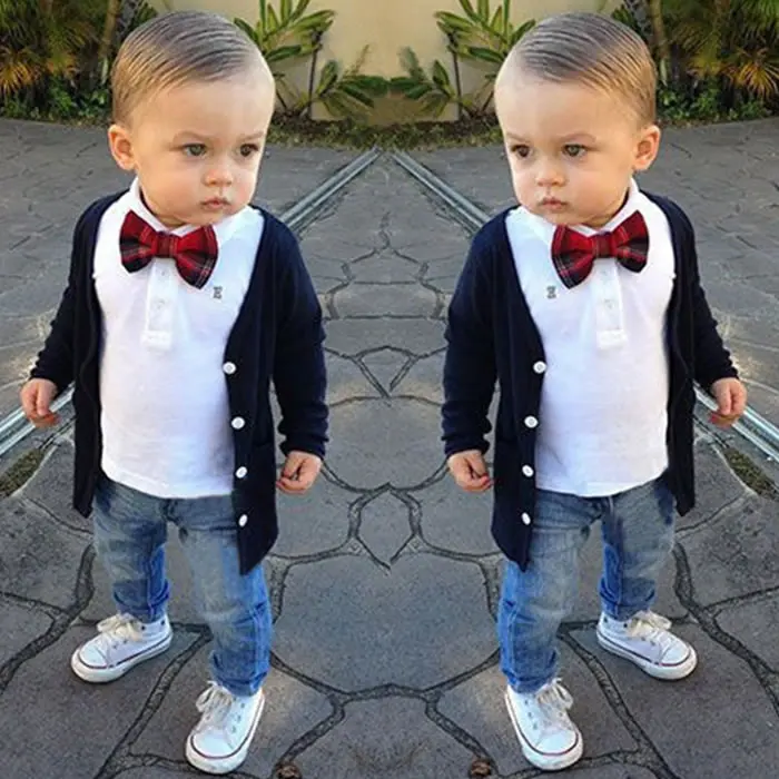 

Winter Baby Boys Clothes Sets Fashion Kid Black Coat Outwear+Bow T Shirts+Denim Trousers Jeans Track Suit Vetement Enfant Garcon