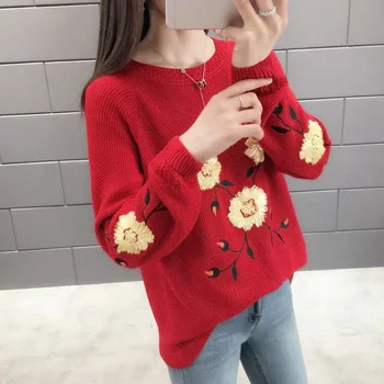 

2019 Spring autumn women Round Neck Long Sleeve Flower Embroidered Hollow Knitting Warm Loose Sweater Women Fashion Tide YF168