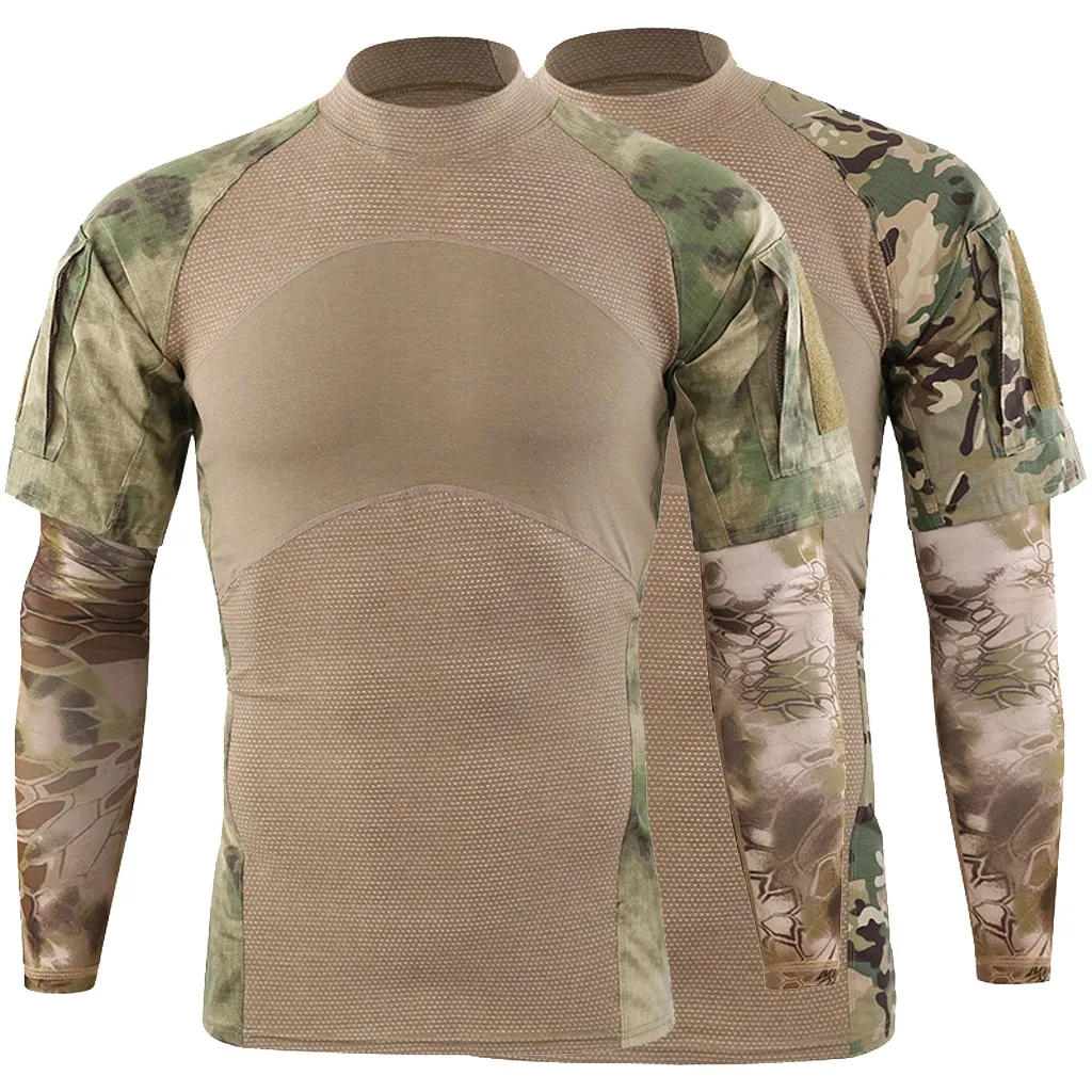 

1PC top + 2PC sleeve Men Tactics Camouflage Long-Sleeve Beefy Muscle Basic Solid Tee Shirt Paintball Clothes Shirt droshipping