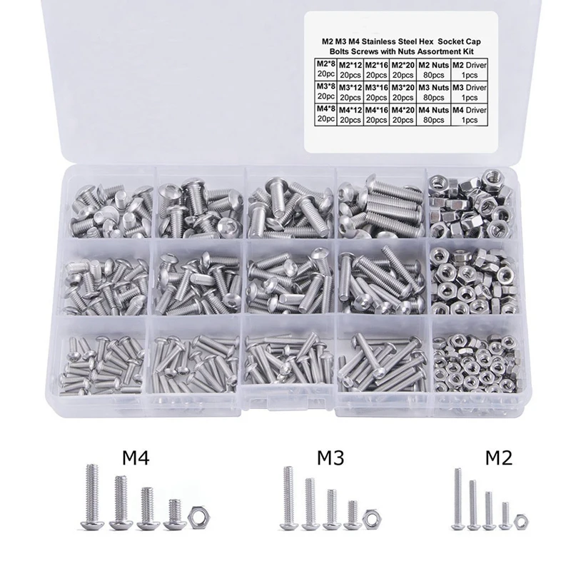 480Pcs Button Head 12 Sizes Screw And Nuts Kit,M2 M3 M4 Steel Assorted Hex Socket Head Cap Bolts Screws Nuts Assortment Set Ki
