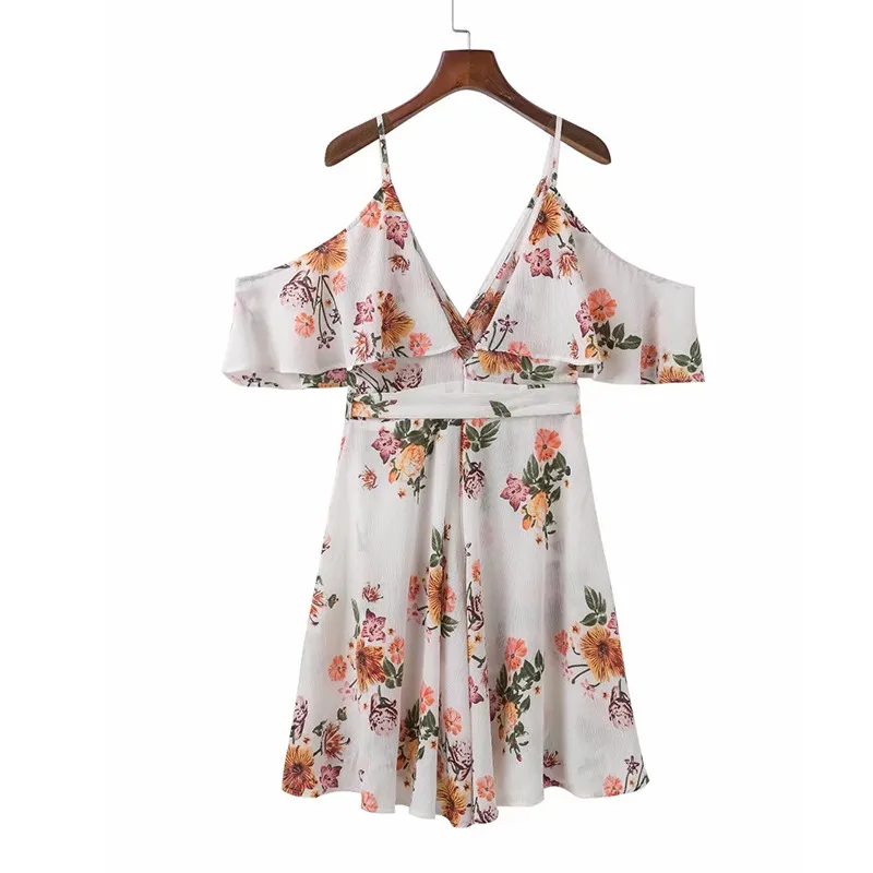 yinlinhe White Floral Women Dress Short Sleeve V neck Sexy Cold Shoulder Summer Dress Backless Irregular Elegant Vestidos1