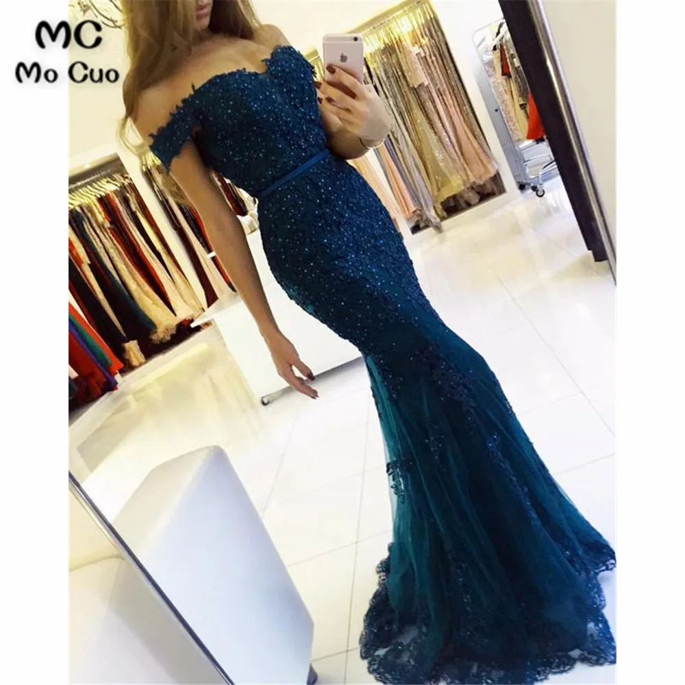Charming Lace Pearl Beaded Mermaid Off The Shoulder Prom Dresses (1)