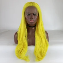 Фэнтези красоты ярко-желтый натуральный и мягкий термостойкий синтетический волокно длинные волнистые синтетические парики кружева передний парик