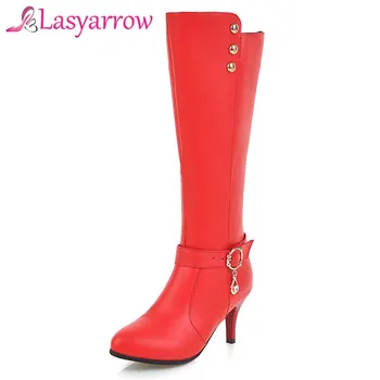 

Lasyarrow Wedding Shoes Woman High Heels Pointed Toe Mid Calf Boots Black White Red Fashion Rivets Studded Knight Boots F495