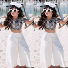 Г. Летняя детская одежда топы в клетку с круглым вырезом и открытыми плечами для девочек, футболка+ свободные новые модные штаны, комплект одежды для девочек