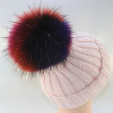 Мягкие вязаные шапки бини Мути цвет настоящий шарик из меха енота 15 см женская шапка-Кепка Женская Повседневная помпон Чепчик для девочки femme