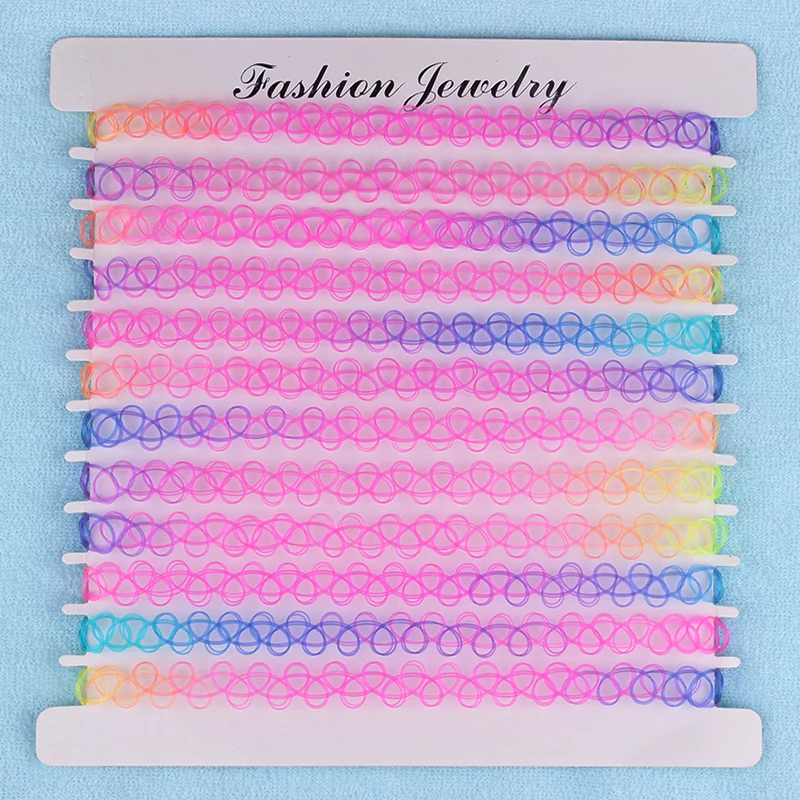 

12 Pcs/pack Fashion Tattoo rainbow chokers Necklace Vintage Punk Elastic Women jewelry