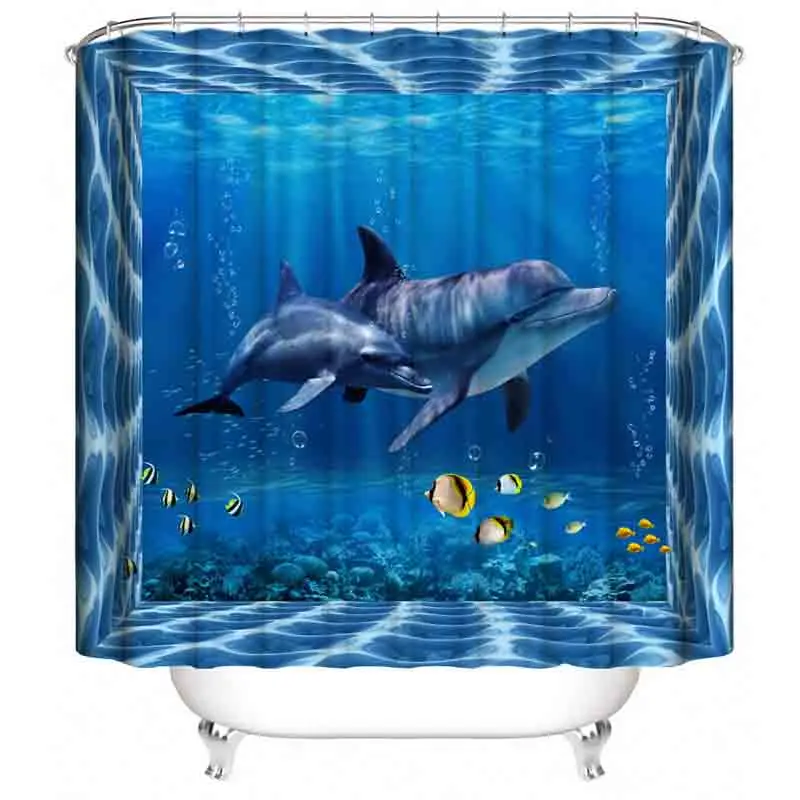 Sea Blue ocean Two Dolphin Waterproof Shower Curtain Bathroom Curtains