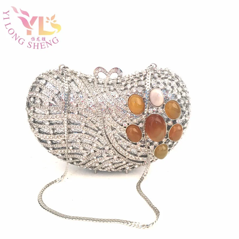 

Women Exquisite Silver Day Evening Clutches Mosaic Gem with Heart Design New Designer Evening Clutch Hand Purse Shouler YLS-F06
