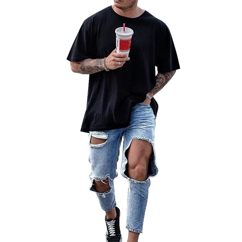 

MJARTORIA New Men Distressed Destroyed Ripped Loose Fit Stretch Holed Jeans Fashion Ankle Zipper Skinny Jeans For Male Plus Size