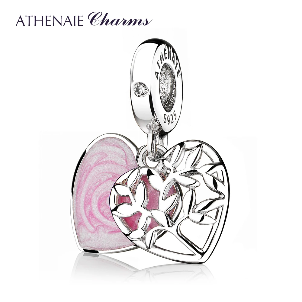 ATHENAIE 925 Sterling Silver Pink Enamel and Clear CZ Devoted Heart Dangle Charms Gift for Girlfriend