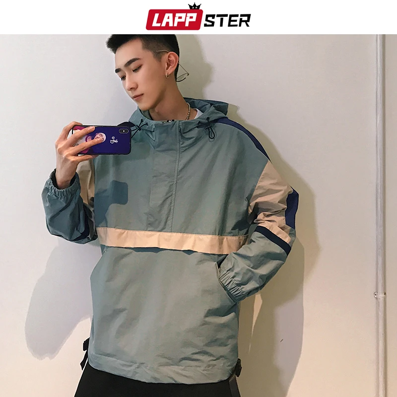 

LAPPSTER Men Streetwear Bomber Jacket 2019 Mens Patchwork Hip Hop Jackets And Coats Color Block Hooded Jakcets Windbreaker 3XL