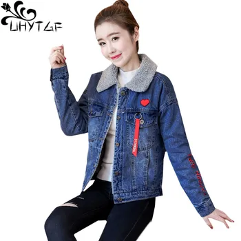 

UHYTGF Winter lambswool plus velvet Thicken denim jacket Lady Casual Warm Outerwear Embroidery Plus size jeans jacket womens 874