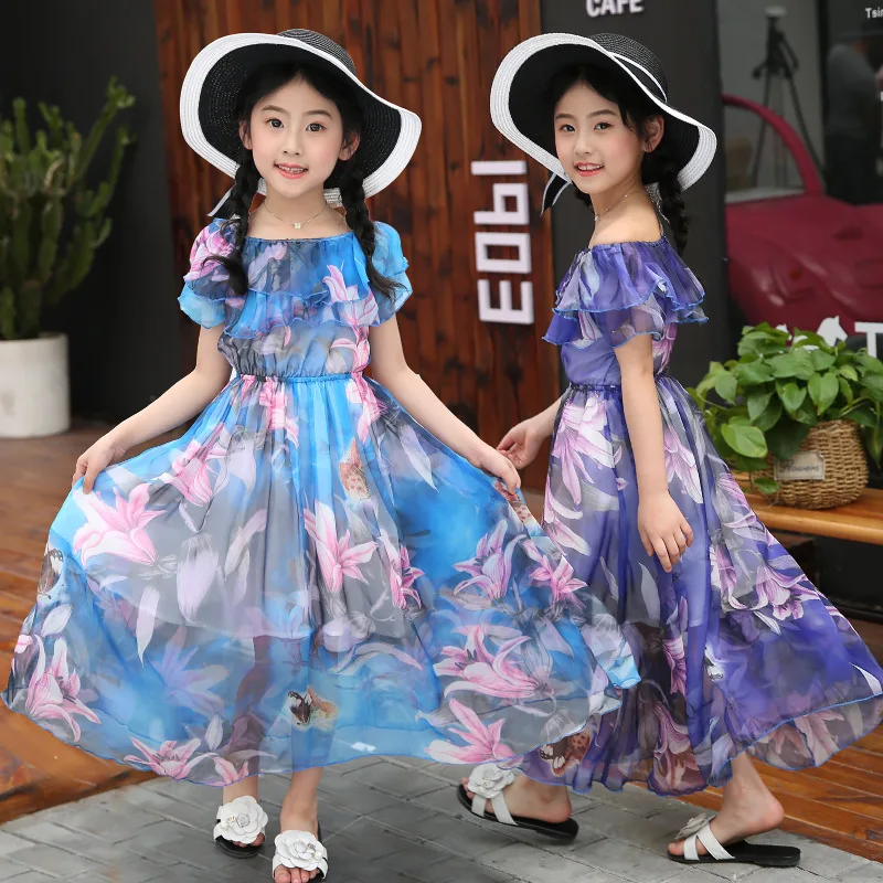 

girls summer beach dress 2018 long dresses baby girl floral print dress for kids girls bohemian clothing size 5 7 8 9 10 11 12Y