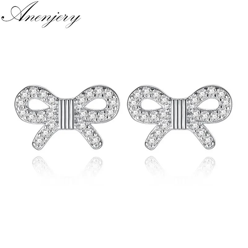 Anenjery Newst Мода 925 пробы серебряные ювелирные изделия для ушей полный Циркон узел галстук бабочка серьги гвоздики для женщин Brincos S-E257