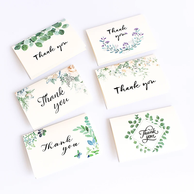  Random 6Pcs Thank You And Green Series Flowers Card Invitations Leave Message Greeting Card For Wed - 32934595696