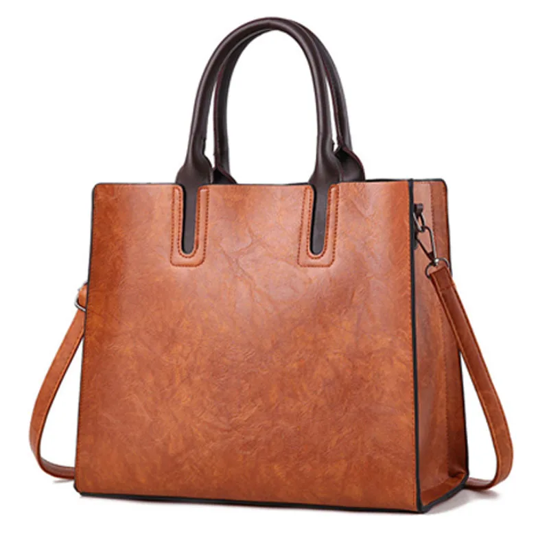 

Womens Leather Handbags Large Capacity Retro Vintage Hand Top-Handle Bags Solid Tote Sac Shoulder(Brown)