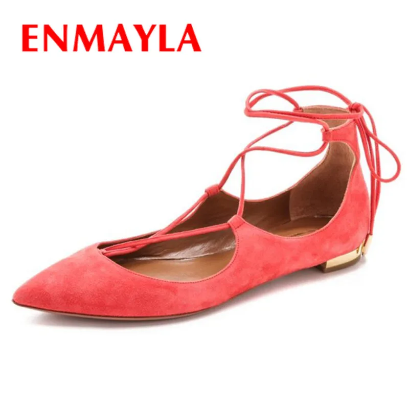 ENMAYLA Pointed Toe Flats Lace-up Croee-tied Shoes Mary Janes Women Shoes Big Size 34-43 Gold Silver Red Blue Flats Shoes Woman