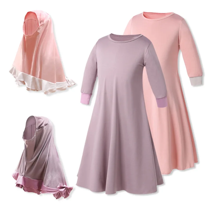 

Fashion Muslim Children Abaya Girls solid Dress +Hijab Robe Gowns Burka Arab Dubai Caftan kid Islamic Prayer Clothing Costume