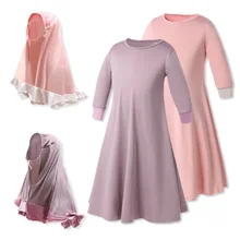 Fashion Muslim Children Abaya Girls solid Dress +Hijab Robe Gowns Burka Arab Dubai Caftan kid Islamic Prayer Clothing Costume fashion black white striped abaya dubai kaftan flared sleeves moroccan islamic dress hijab dress middle eastern robes ramadan