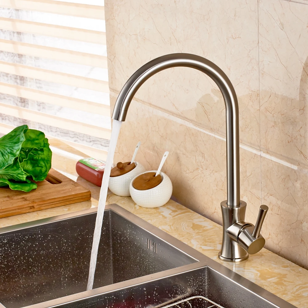 

Single Handle Brushed Nickel Kitchen Faucet Deck Mount Swivel Hot Cold Mixer Tap