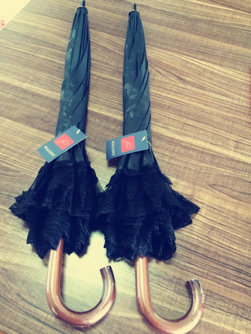 Lace dark flower small ocean umbrella long handle lady UV protection sun umbrella wood umbrella handle 8 bone manual zara*women