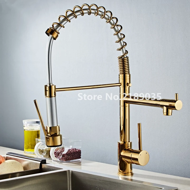 Золотой хромированный пружинный выдвижной кухонный кран с двумя носиками, вращение на 360, одна ручка, кухонный смеситель, два выхода, кухонные краны