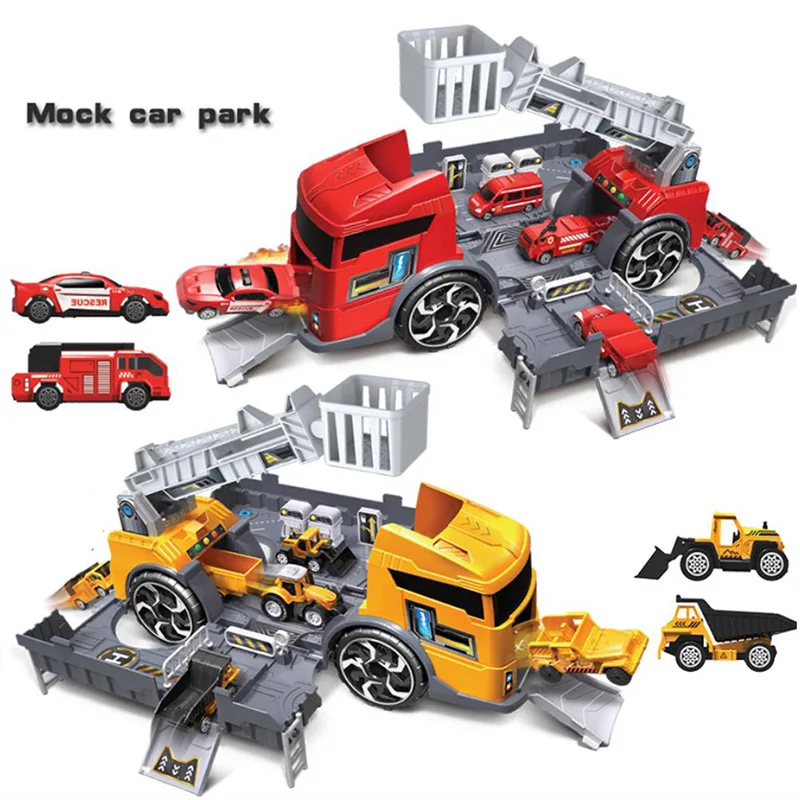 Kids Puzzle Toys Deformation Fire Engineering Vehicle Storage Parking Lot Parent-Child Interaction Inertia Car Model Set