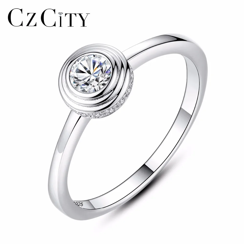 CZCITY Свадебные палец кольцо серебро 925 Круглый Синтетический фианит 1 карат