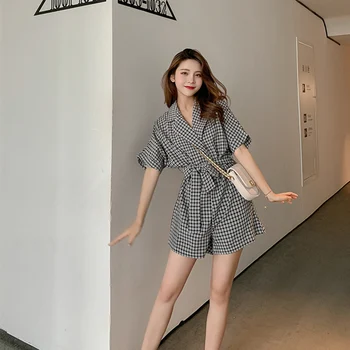 

RUGOD 2019 Summer Casual V-neck Lcae Up Plaid High Waist Women Jumpsuits Loose Solid Comfortable Fashion Playsuits