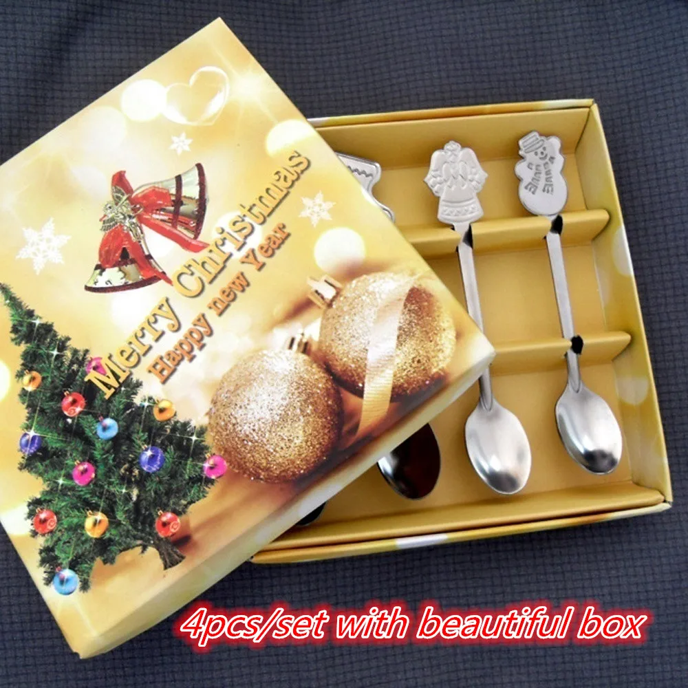 

4pcs/set Drinking Kitchen & Dining Snowman Christmas Tree Ice Cream Tea Scoops Tableware Kids Spoon Xmas Coffee Spoons