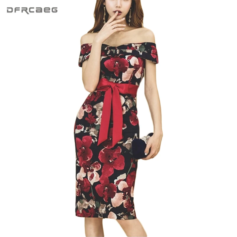 

2018 Summer Off Shoulder Slash Neck Sexy Dress Backless Print Floral Women Dress Elegant Bow Midi Evening Vestido Party Dresses