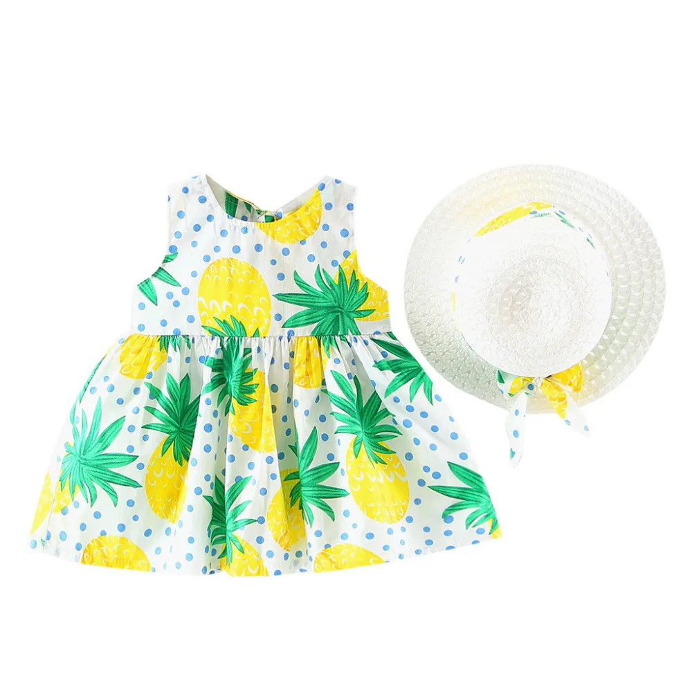 

MUQGEW 2019 Hot Sale 2 Pcs Summer Toddler Baby Girl Dress Sleeveless Dress Pineapple Lemon Fruit Princess Dresses With Hat