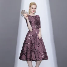 Новинка, элегантные вечерние платья для банкета, Красные кружевные платья с круглым вырезом, длиной до середины икры, вечерние платья, короткие платья LF283