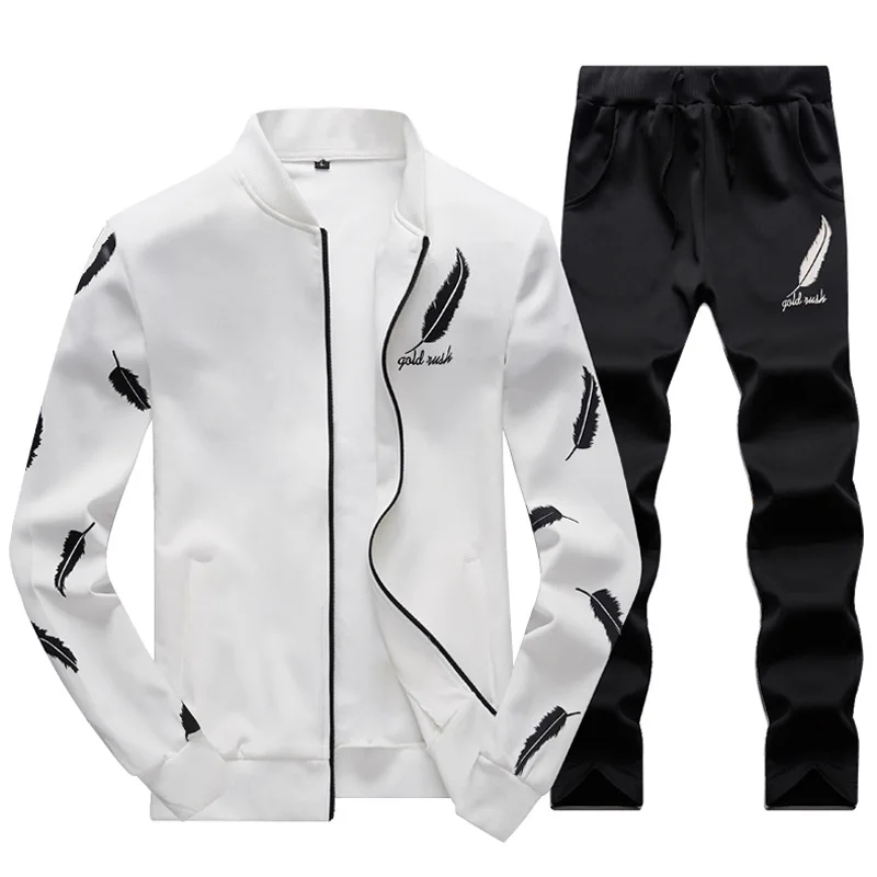 Autumn Casual Mens Tracksuit Set Zipper Spring Sets Fleece 3D Print Pleated Workout Hoodies Sweatshirt+Pants Suit Slim Fit - Цвет: EM083O White