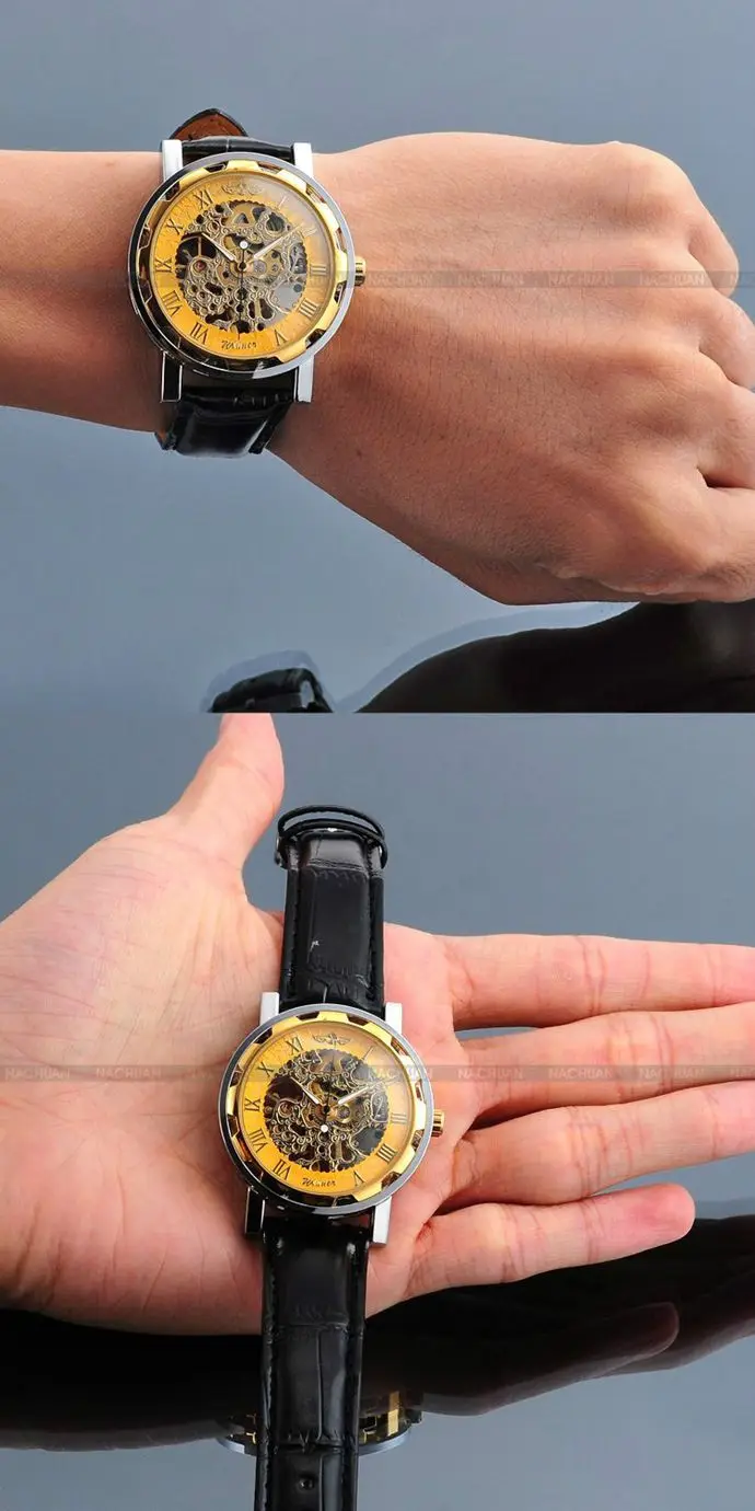 Модный Победитель Черный Кожаный ремешок нержавеющая сталь Скелет механические часы для мужчин Золотые механические наручные часы люксовый бренд