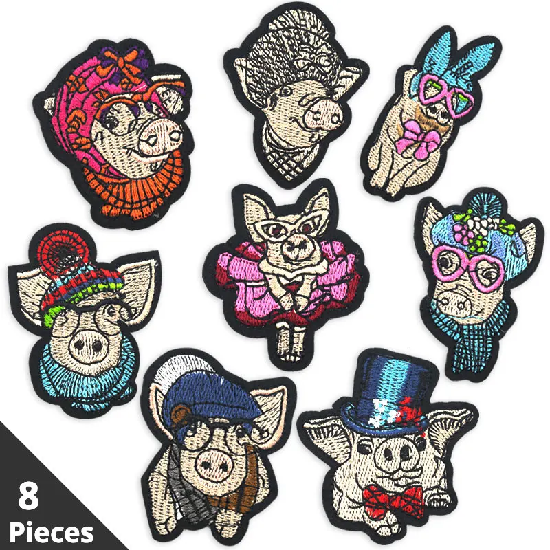 

8 Pieces Embroidery Iron on Patch for Clothing Pig Ironing Stickers Embroidered Applique Sew on Piggy Fabric Badges Scrapbooking