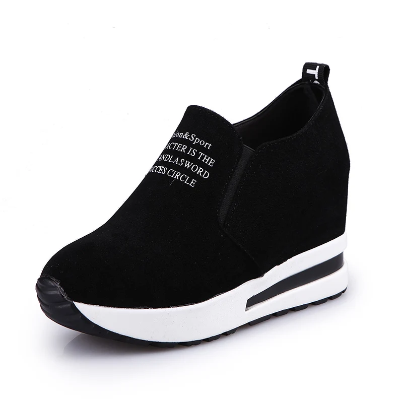 Новые женские повседневные кроссовки из флока на высоком каблуке; Цвет черный, красный; дышащая обувь на платформе для отдыха; обувь, увеличивающая рост; n779 - Цвет: Черный