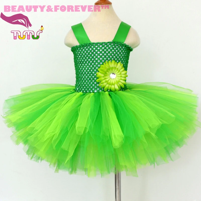 

Lined tank top above knee length 3 layers tulle girl green dress