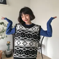 2018 корейский Винтаж Черный и Белый Цвет Соответствующие свитер жилет для женщин