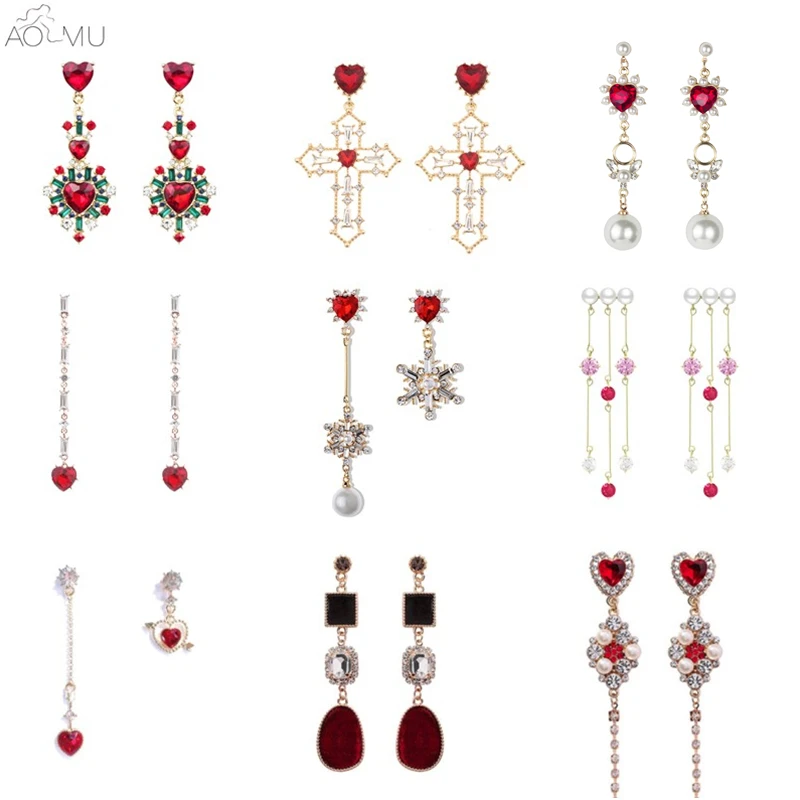 

AOMU 2019 New Red Crystal Love Heart Rhinestone Snowflake Pearl Pom Pom Fur Ball Earrings for Women Girl Christmas New Year Gift