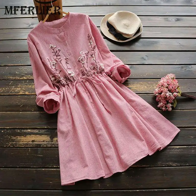 Goede Mferlier Vrouwen Gestreepte Jurk Stand Kraag Lange Mouw Bloem Borduren Trekkoord Taille Mori Meisje Herfst Shirt Jurk