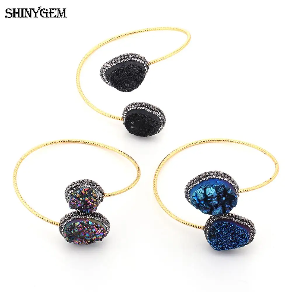 ShinyGem Золотой Цвет Twist Druzy браслеты большой неправильный циркон браслет с камнями Друза регулируемые открытые манжеты браслеты для женщин