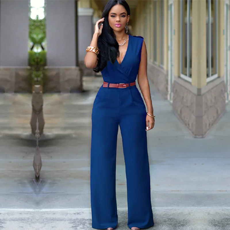 MUXU женский комбинезон с v-образным вырезом, боди feminino, уличная летняя одежда, комбинезоны, женская одежда, большие размеры, комбинезон с широкими штанинами - Цвет: Navy blue