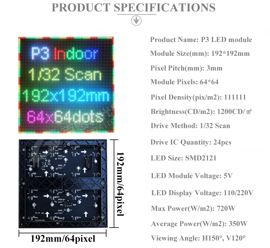 P3 Indoor 192x192mm 32 Scan SMD2121 RGB LED Display Module 1