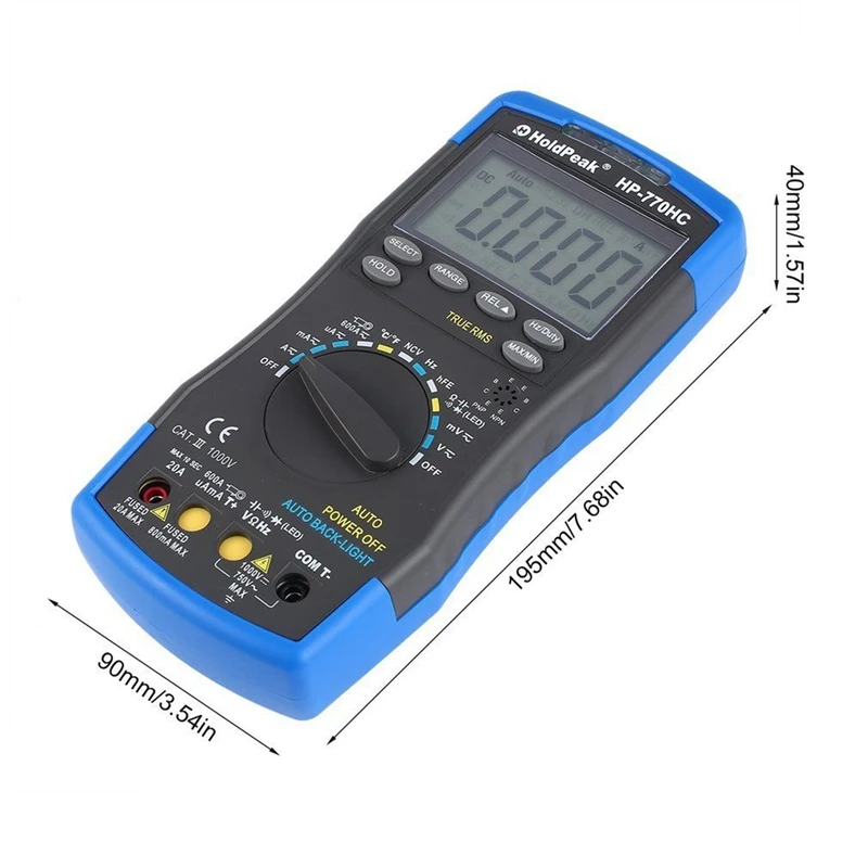 Holdpeak Hp-770Hc True Rms Auto Ranging Digital Multimeter With Ncv Feature And Temperature/Frequency/Duty Cycle Test