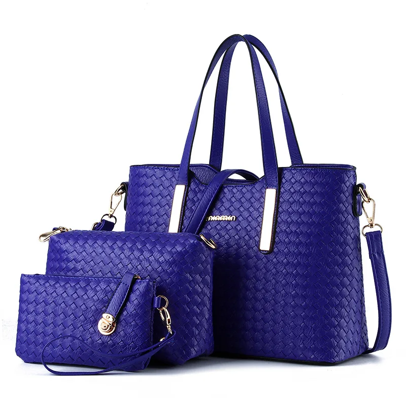 

PU Weaving Satchels Womens Women's Shoulder Bags Polyester Composite Bag Tote Solid Fashion Handbag Set 2016