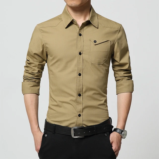 Primavera y verano para hombre camisa caqui de manga larga de lavable camiseta Slim Fit estilo militar del ejército ocasional camisa talla M-4XL _ - AliExpress Mobile