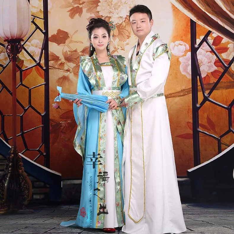 ZZB059 Vestido largo синий и белый hanfu ухаживает за его парой Новое поступление костюм hanfu Китайский стиль Свадебный костюм полный комплект